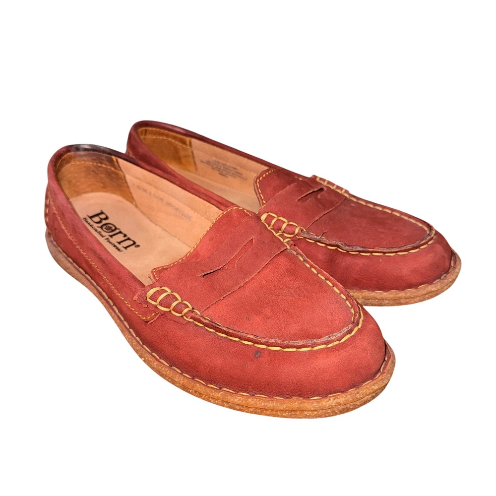 Born Penny Loafer Women 7.5‎ Pre-Owned Red Leather Contrast Stitching Shoes Boho